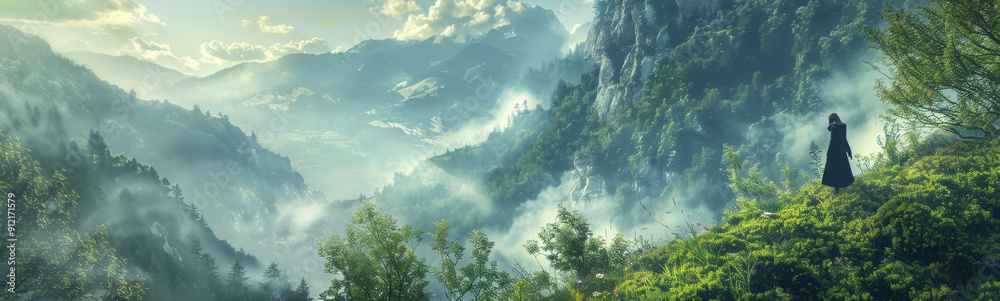 Naklejka premium Misty Mountain View With A Solitary Figure - A lone figure stands atop a mountain, gazing out over a breathtaking view of a valley shrouded in mist, with lush green foliage and towering peaks symboliz