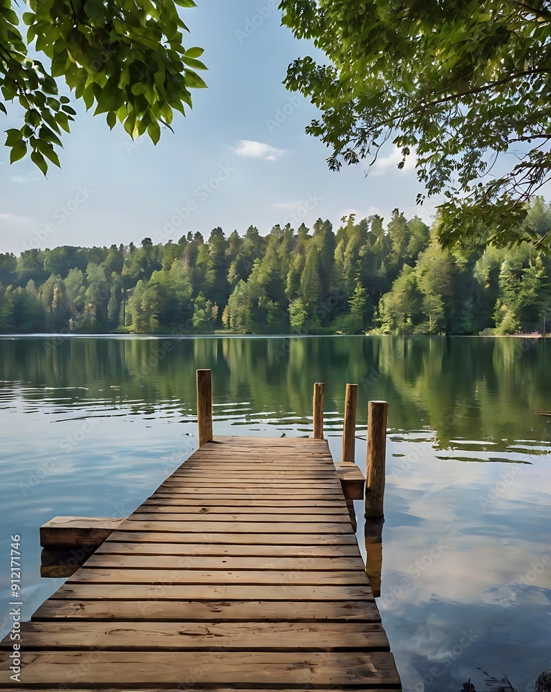 Peaceful lakeside scene with a wooden dock and calm Peaceful lakeside scene with a wooden dock and calm