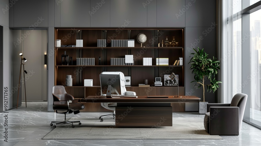 Modern Executive Office Design with Large Desk and Bookcase - A modern executive office with a large wooden desk, a leather chair, a bookcase, and a plant. The office is designed to inspire productivi Modern Executive Office Design with Large Desk and Bookcase - A modern executive office with a large wooden desk, a leather chair, a bookcase, and a plant. The office is designed to inspire productivi