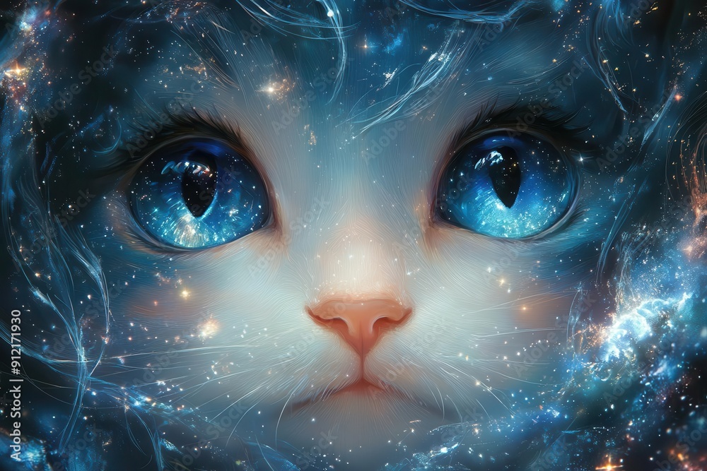 ethereal anime neko girl with iridescent fur starry eyes and cosmicpatterned ears dreamy nebula background with swirling galaxies and shimmering constellations