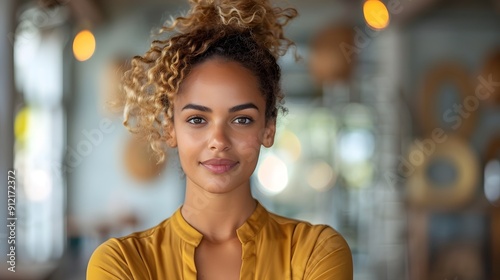 A woman with curly hair is smiling and posing for a picture. She is wearing a yellow shirt and has a confident and happy expression on her face