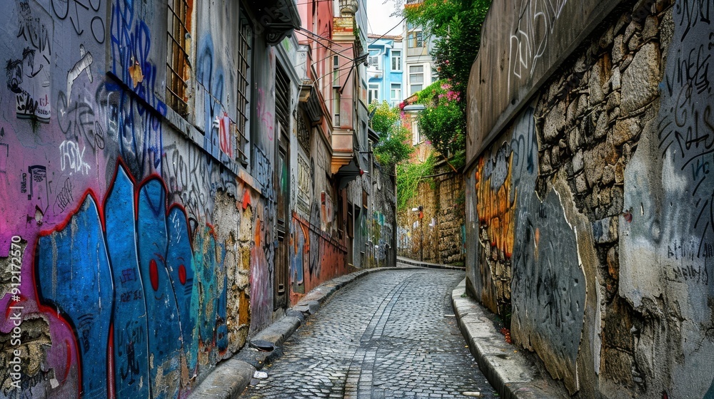 Fototapeta premium Narrow cobblestone street in a historic city, with colorful graffiti and old buildings - A narrow cobblestone street winds through a historic city with colorful graffiti on the walls, symbolizing urba