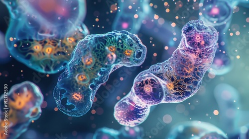 Illustrate a microscopic view of amoeba in various stages of movement and feeding, highlighting their pseudopodia