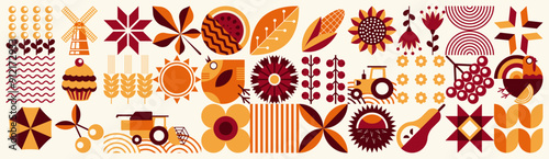 Autumn mosaic geometric floral pattern. Scandinavian style. Natural organic flower plants, eco agriculture concept. Abstraction. Vector minimal illustration	
