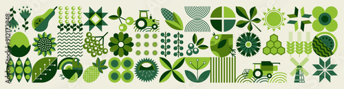 Autumn pattern. Agriculture, farming. Mosaic style. Simple geometric shapes. Textile background of grains, poultry breeding, beekeeping, agricultural machinery, farm implements, flowers.
