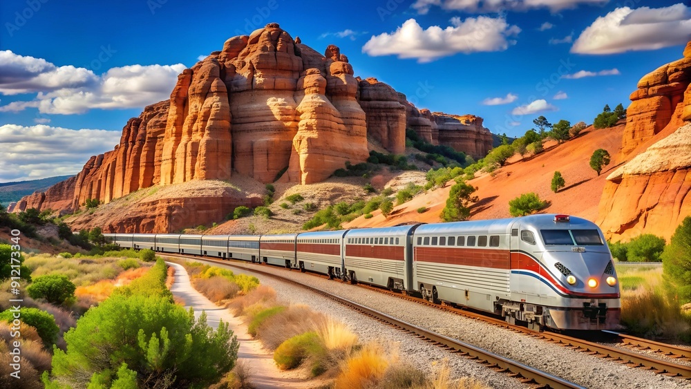 Fototapeta premium The Santa Fe Rail Runner Express: A Glimpse of Modernity Against a Historic Skyline AI Generated
