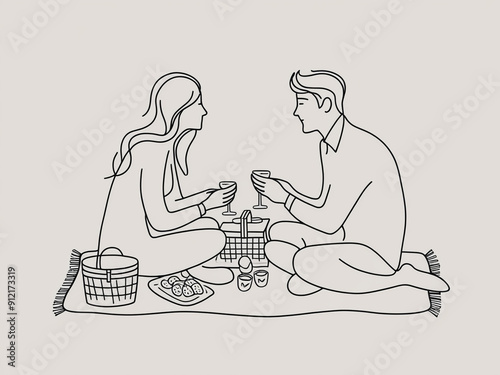 coouple picnic line drawing. couple with drinks, snacks and meals photo