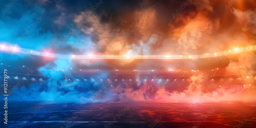 Bright stadium arena colorful lights and smoke background Bright stadium arena colorful lights and smoke background