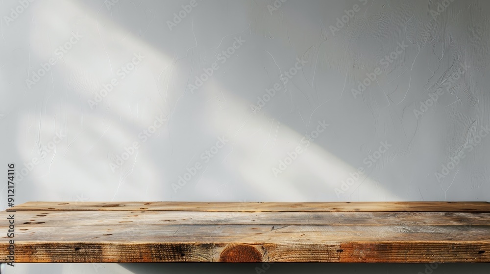 Rustic Wooden Tabletop Against a White Wall with Sunlight - A rustic wooden tabletop sits against a white wall with a soft light shining down, representing simplicity, minimalism, warmth, and natural Rustic Wooden Tabletop Against a White Wall with Sunlight - A rustic wooden tabletop sits against a white wall with a soft light shining down, representing simplicity, minimalism, warmth, and natural