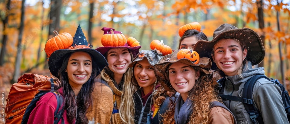 Happy Friends Wearing Pumpkin Hats In Autumn Forest Happy Friends Wearing Pumpkin Hats In Autumn Forest