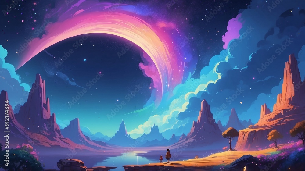 A man and a child stand at the ridge overlooking a mirrored lake under a vibrant twilight sky with an arching light. A man and a child stand at the ridge overlooking a mirrored lake under a vibrant twilight sky with an arching light.