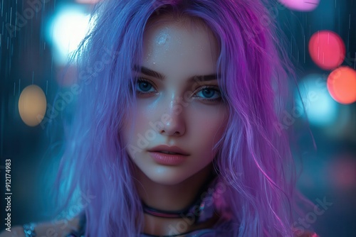 futuristic cyberpunk heroine with flowing violet hair neonlit cityscape backdrop sleek metallic armor glowing tech accents fierce determination in eyes ready for action