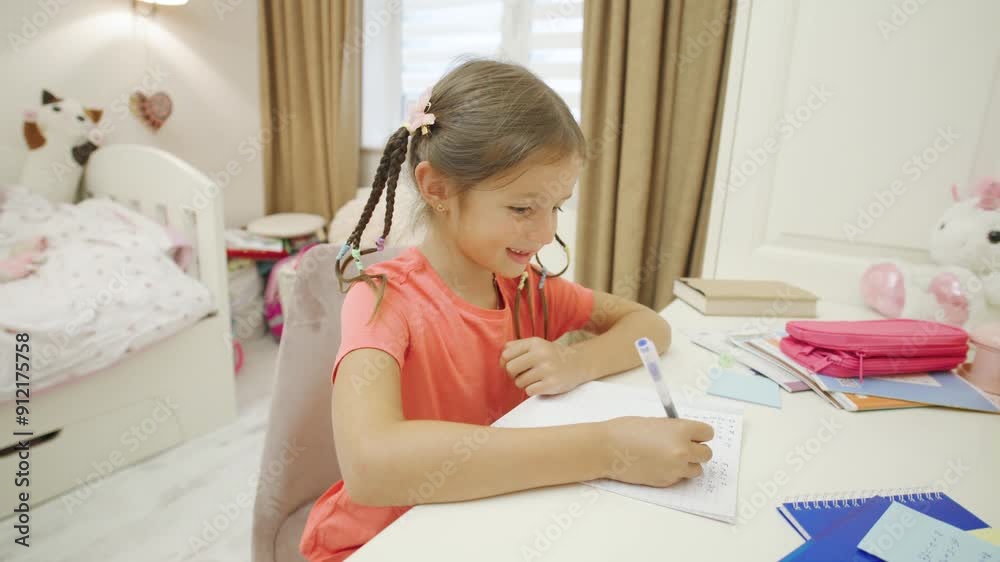 A cheerful young girl is happily engaged in various creative activities at her desk, surrounded by a vibrant and colorful atmosphere A cheerful young girl is happily engaged in various creative activities at her desk, surrounded by a vibrant and colorful atmosphere