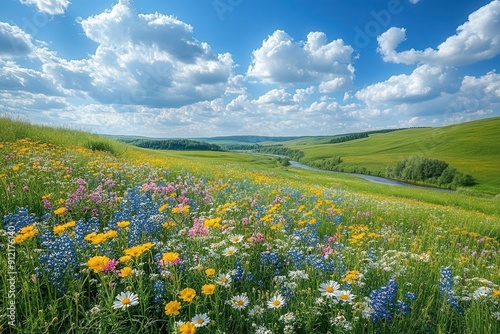 idyllic countryside panorama with rolling emerald hills wildflower meadows and a winding river fluffy clouds drift across a brilliant azure sky in a serene summer scene