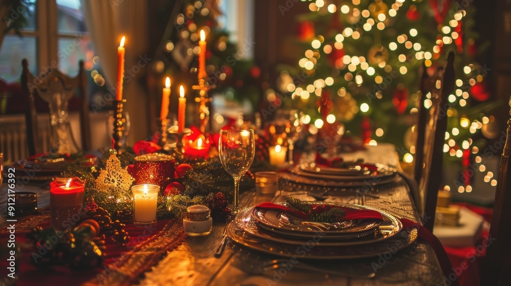 A warm and inviting Christmas dinner table setting with candles and festive decorations, featuring a beautifully lit Christmas tree in the background. A warm and inviting Christmas dinner table setting with candles and festive decorations, featuring a beautifully lit Christmas tree in the background.