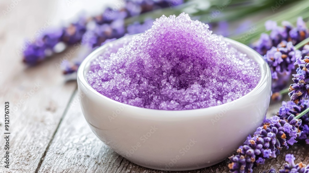 lavender salt in a bowl with lavender flowers lavender salt in a bowl with lavender flowers