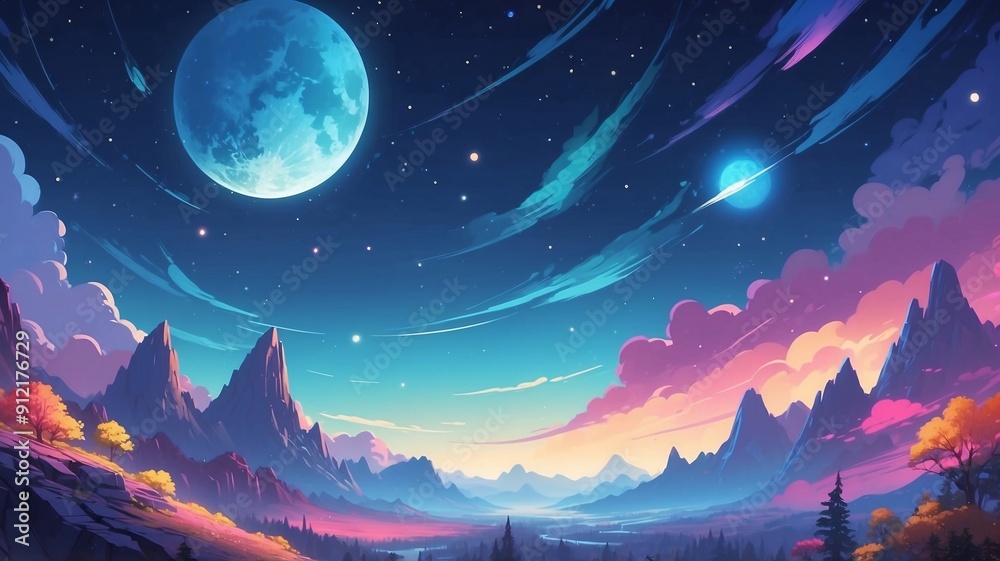 A breathtaking twilight landscape showing a moon and vibrant skies over mountains, reflecting serene cosmic beauty. A breathtaking twilight landscape showing a moon and vibrant skies over mountains, reflecting serene cosmic beauty.