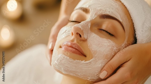 a woman getting a facial mask on her face photo