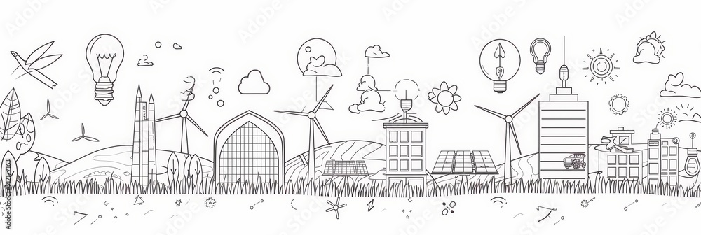 Obraz premium Sustainable Cityscape: Green Energy Solutions and Eco-Friendly Living - A hand-drawn illustration depicting a city embracing green energy solutions, featuring wind turbines, solar panels, and lightbul