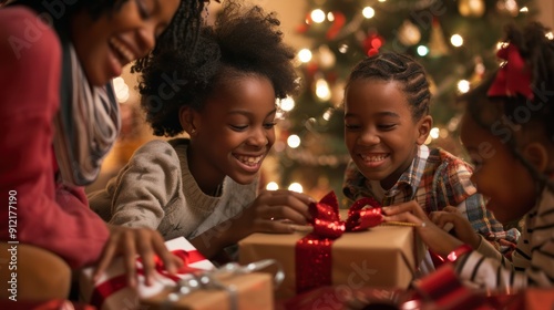 Joyful children unwrapping Christmas presents near a decorated tree, capturing the excitement and warmth of the holiday season.