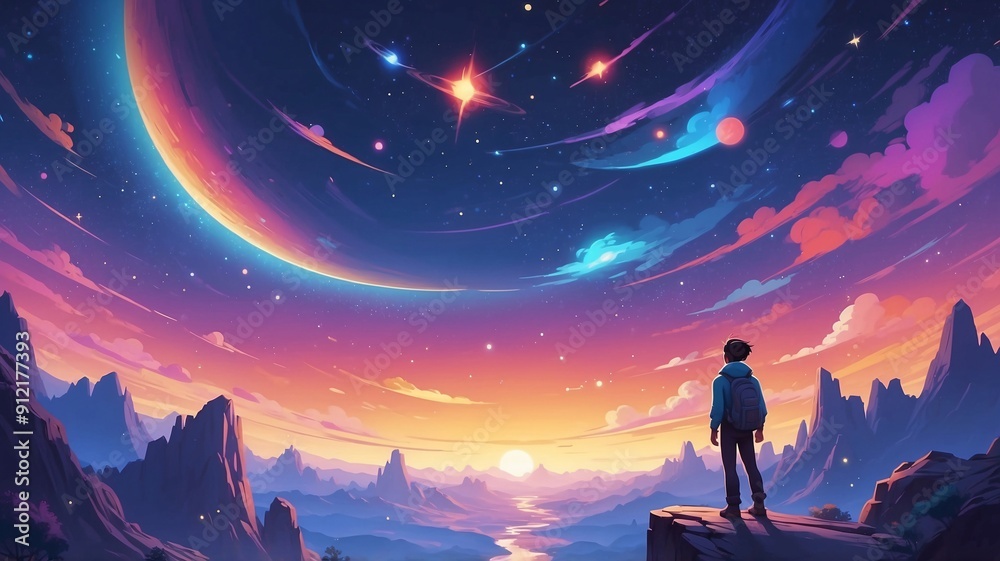 Fototapeta premium A lone explorer stands on a cliff, gazing at a vibrant cosmic landscape with distant planets and glowing stars.