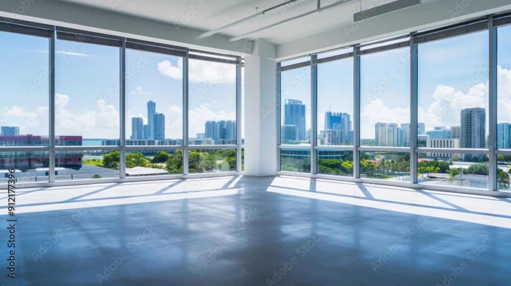 A spacious indoor office with large floor-to-ceiling windows, showcasing a bright cityscape on a sunny day, emphasizing openness and modern work environments A spacious indoor office with large floor-to-ceiling windows, showcasing a bright cityscape on a sunny day, emphasizing openness and modern work environments