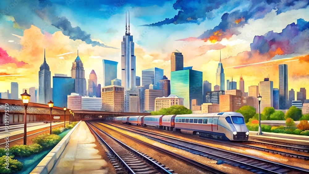 Fototapeta premium Chicago Skyline and Amtrak's Midwest Passenger Railway at Union Station: A Vibrant Watercolor Illustration Generative AI