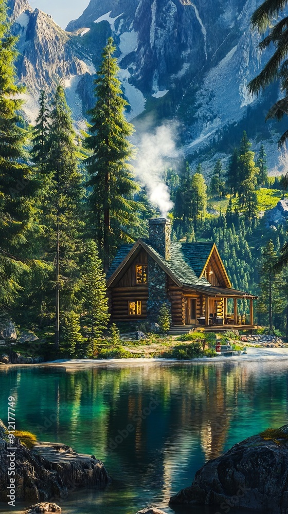 Obraz premium A cabin in the middle of a mountain lake surrounded by trees