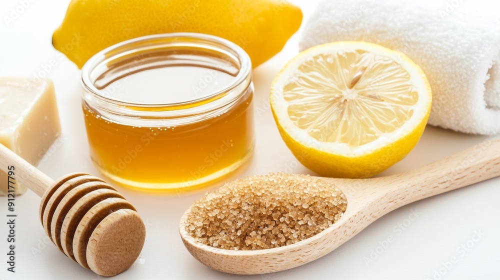 a wooden spoon with honey and lemons a wooden spoon with honey and lemons