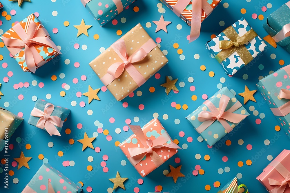 Colorful Gifts on Blue Background with Confetti Colorful Gifts on Blue Background with Confetti
