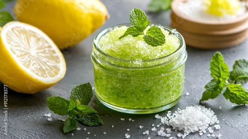 a jar of lemon mint sugar scrub with a lemon and mint spri photo