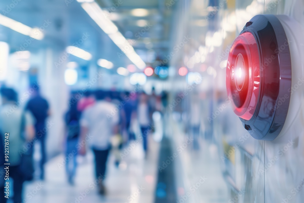 A fire alarm is mounted on a wall, displaying a bright red light and button as people walk by in a busy public space. Generative AI A fire alarm is mounted on a wall, displaying a bright red light and button as people walk by in a busy public space. Generative AI