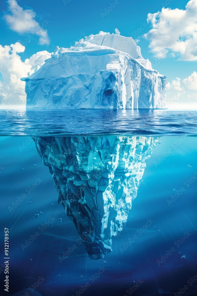 Obraz premium Giant Iceberg Floating on a Clear Blue Ocean with Underwater View of its Massive Size