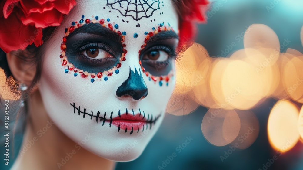 a woman with a face painted in white and red a woman with a face painted in white and red
