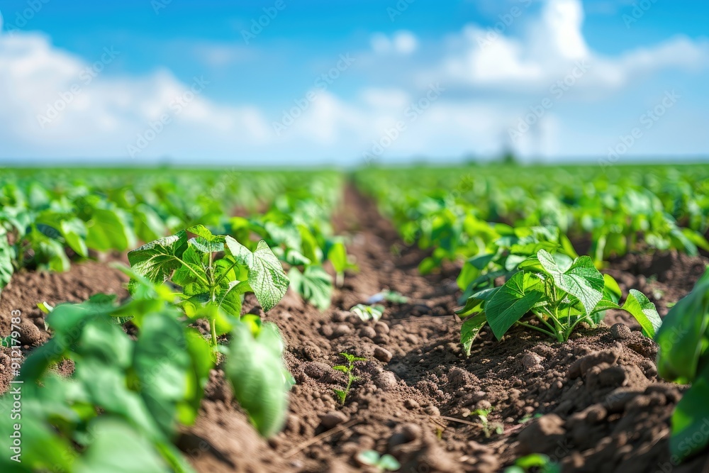 Lush Green Potato Field Under a Bright Blue Sky on a Sunny Day Lush Green Potato Field Under a Bright Blue Sky on a Sunny Day