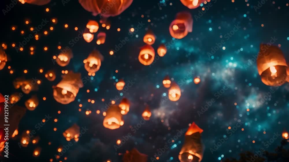 Sky lanterns floating in the night sky