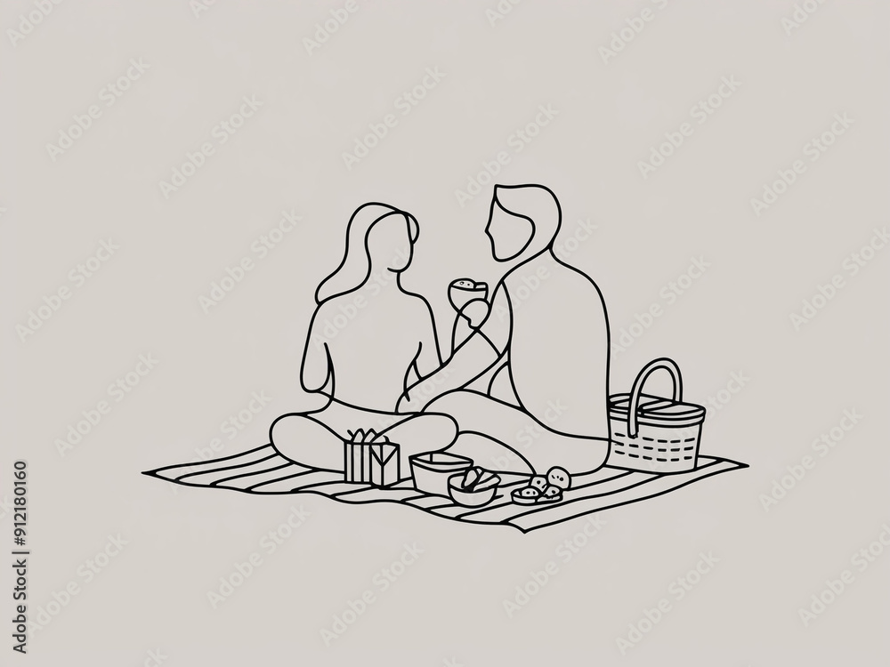 couple picnic line drawing. couple with drinks, snacks and meals couple picnic line drawing. couple with drinks, snacks and meals