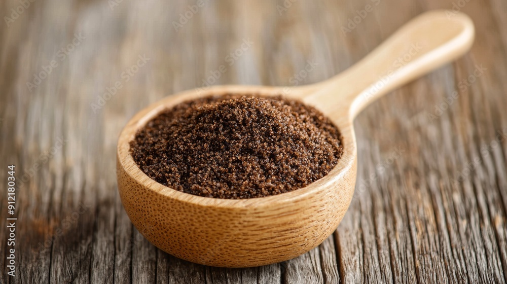 a wooden spoon filled with brown powder a wooden spoon filled with brown powder
