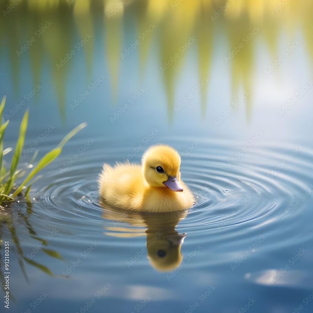 A tiny yellow duckling swimming in a tranquil pond on a sunny afternoon A tiny yellow duckling swimming in a tranquil pond on a sunny afternoon