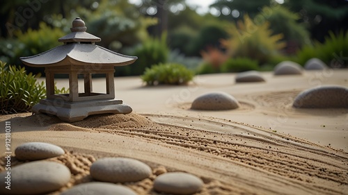 Peaceful zen garden with raked sand and a stone lant photo