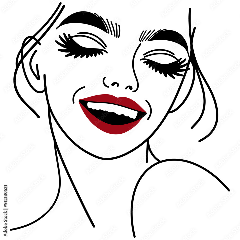 Stylish Female Faces Line Art Woman Red Lip Girls' Facial Expressions Stylish Female Faces Line Art Woman Red Lip Girls' Facial Expressions