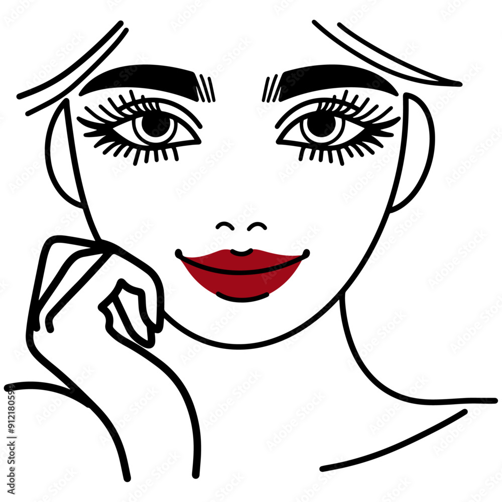 Stylish Female Faces Line Art Woman Red Lip Girls' Facial Expressions Stylish Female Faces Line Art Woman Red Lip Girls' Facial Expressions