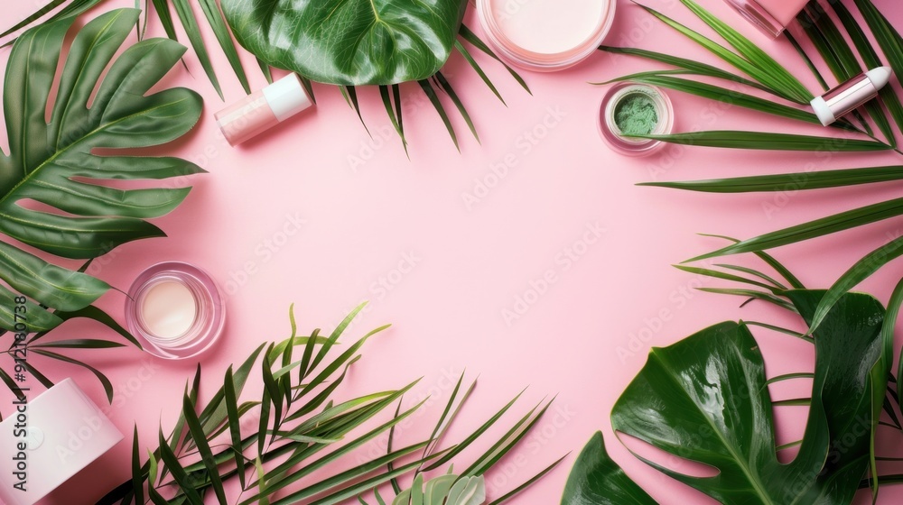 Tropical Beauty Products on Pink Background Tropical Beauty Products on Pink Background