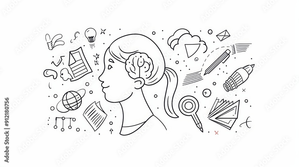Woman Thinking with Brainstorming Ideas for Success - A woman with a brain visible, surrounded by doodle illustrations symbolizing creativity, innovation, knowledge, communication and solutions. Woman Thinking with Brainstorming Ideas for Success - A woman with a brain visible, surrounded by doodle illustrations symbolizing creativity, innovation, knowledge, communication and solutions.