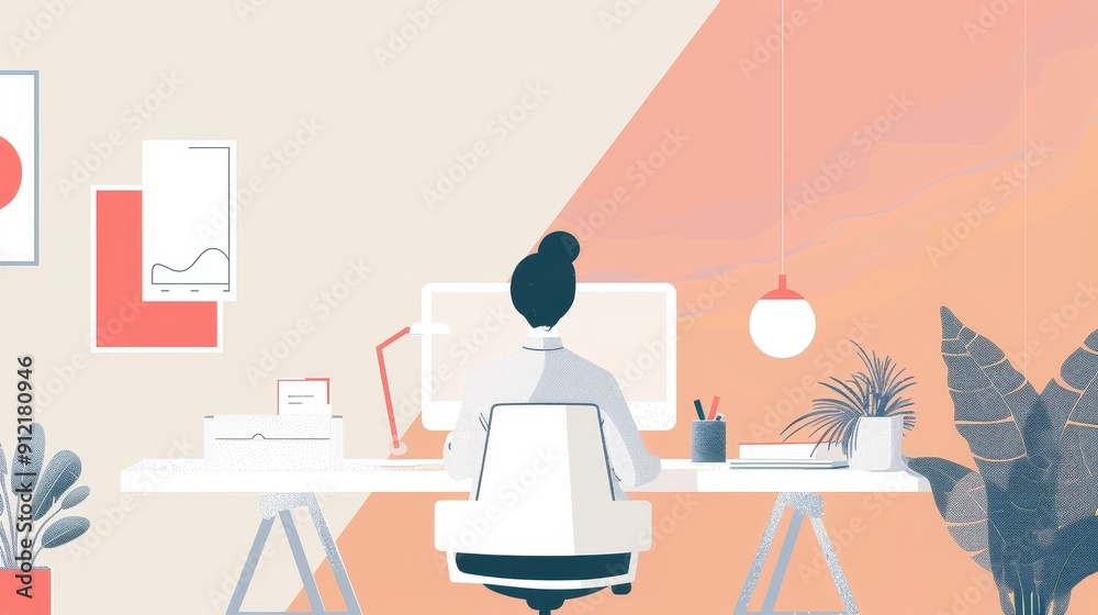 Fototapeta premium Woman Working at Desk with Computer, Phone, and Plants in Home Office - A woman sits at a desk in a home office, focused on her computer screen. The scene symbolizes work-life balance, productivity, r