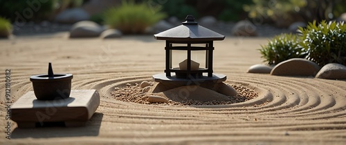 Peaceful zen garden with raked sand and a stone lant photo