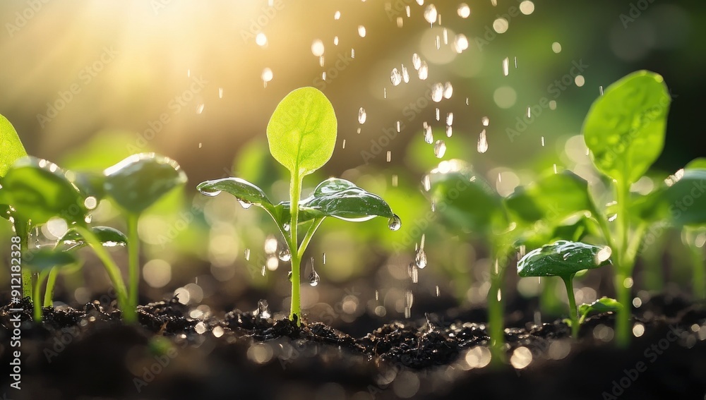Gentle Rainfall Nurtures Young Seedlings Soaking Up Water in Lush Garden During Early Morning Gentle Rainfall Nurtures Young Seedlings Soaking Up Water in Lush Garden During Early Morning