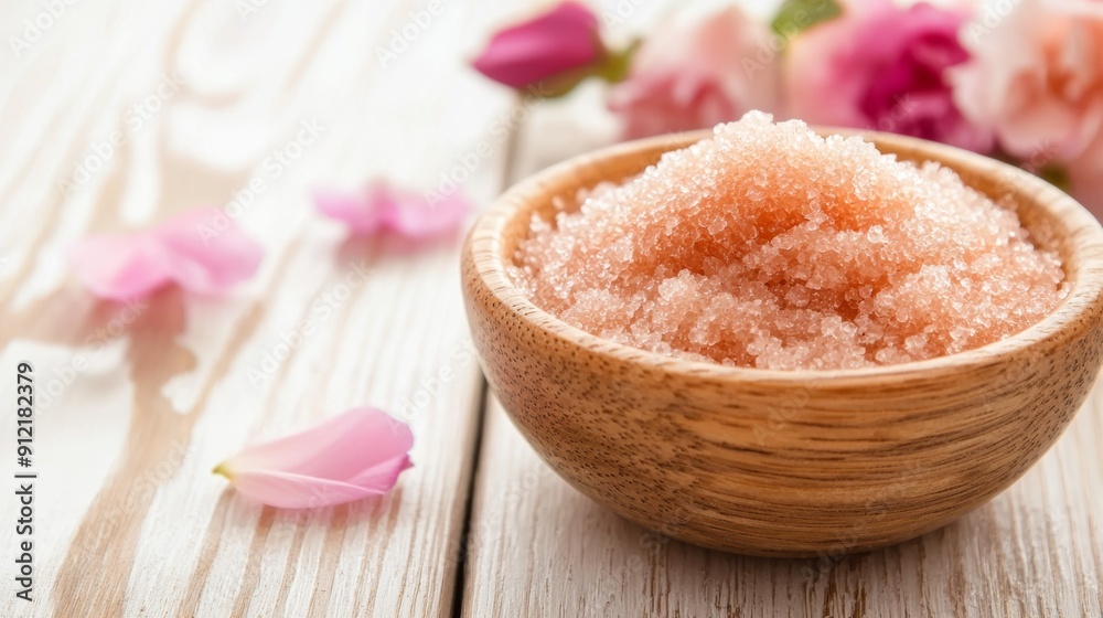 a wooden bowl filled with sugar and pink flowers a wooden bowl filled with sugar and pink flowers