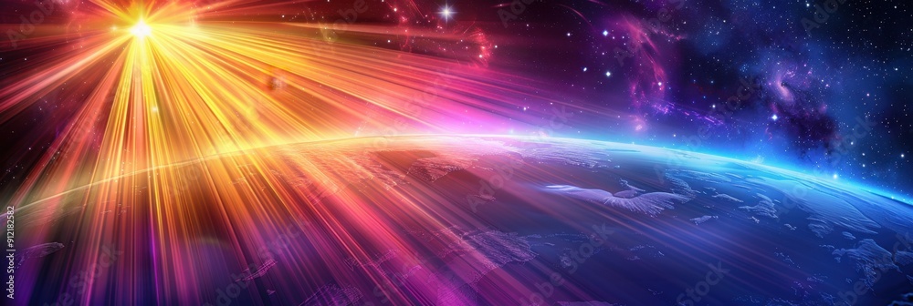 Obraz premium Stunning space sunrise with colorful cosmic rays lighting up the Earth, creating a breathtaking view of our beautiful planet in the vast universe.