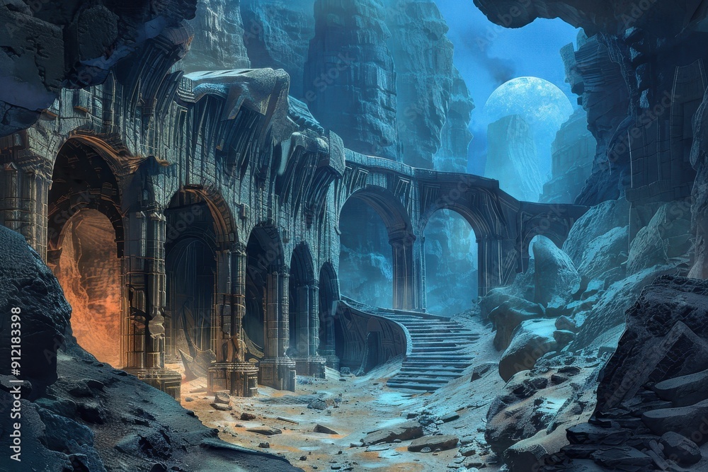 An ancient stone bridge leading to a mysterious cave entrance under a glowing blue moon. An ancient stone bridge leading to a mysterious cave entrance under a glowing blue moon.